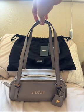 Versace Taupe Gray Leather Nappa Bowling Bag